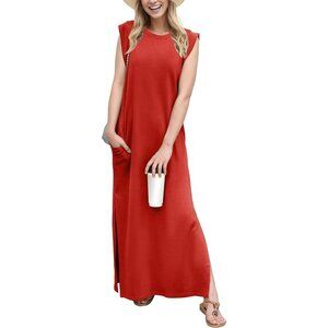 Grecerelle Women Red Round Neck Loose Split Wrinkle-Free Long Maxi Dress